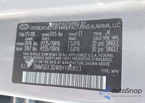 2008 Hyundai Santa Fe Gls from USA, damaged, VIN 5NMSG13D48H196853